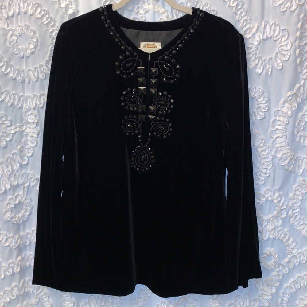 Talbots Black Velvet Tunic Embellished with Black Jewels Bell Sleeves Size 12